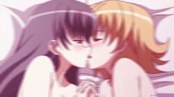 2girls aki_sora animated animated_gif aoi_nami glasses hoods_entertainment kissing long_hair lowres multiple_girls nude orange_hair purple_hair screenshot short_hair sumiya_kana yuri