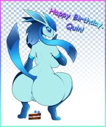 1girls 2016 anthro anus ass back blue_eyes blue_fur blue_hair breasts cake crouching eeveelution english_text female female_focus female_only furry glaceon hair hi_res huge_ass looking_at_viewer mammal nintendo nude original pokémon_(species) pokemon pokemon_(species) presenting presenting_hindquarters pussy quin_(r-mk) r-mk raised_heel raised_tail sideboob smile solo squatting text thick_thighs video_games voluptuous wide_hips year_request