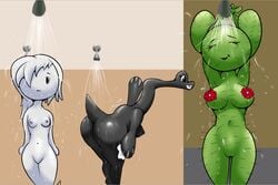 2015 3girls anthro armpits ass breasts cactus carmen_(the_amazing_world_of_gumball) carrie_krueger cartoon_network closed_eyes dinosaur female female_only flower ghost green_skin hair_over_eye humanoid molly_collins multiple_girls navel nipples nude plant pussy shower showering soap spines spirit te the_amazing_world_of_gumball young