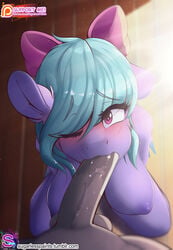 2016 anthro anthrofied blush breasts duo equine fellatio female flitter_(mlp) friendship_is_magic furry hair_ribbon hairbow highres indoors kneeling looking_at_viewer male male_pov mammal my_little_pony nude one_eye_closed oral patreon penis pov ribbons sex straight sugarlesspaints testicles