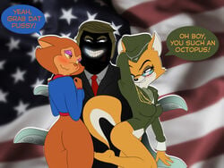 &shy;2016 american_flag anthro ass black_eyes blonde_hair blush bottomless breasts brown_eyes canine cat closed_eyes clothed clothing donald_j_trump donald_trump eyelashes eyewear feline female flag fox glasses half-closed_eyes hat lt._fox_vixen makeup male mammal medium_breasts metalslayer military_uniform pamela_bondani patrol_03 police_uniform politics sideboob smile squirrel_and_hedgehog