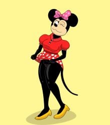 accessory alternate_body_type alternate_breast_size anthro bottomwear clothed clothing clothing_lift disney female genitals hair_accessory hair_ribbon hairbow hi_res minnie_mouse pubes pussy ribbons skirt skirt_lift solo watersucc