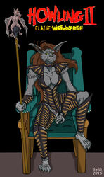 anthro anthro_only bat breasts canine chair claws cleavage clothed clothing cybersix_(copyright) elaine_(cybersix) fangs female furry hair howling_(copyright) imp leather mammal no_humans pussy red_hair solo staff swift_(artist) were werewolf yellow_eyes