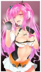 body_writing breasts cleavage condom cum cum_in_condom cum_in_mouth drinking_from_condom facial female gloves headphones heart heart-shaped_pupils large_breasts pink_eyes pink_hair rasis skirt sound_voltex symbol-shaped_pupils