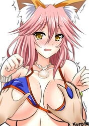 animal_ears bikini blue_bikini blush bow breast_grab breasts cleavage cless_(tamaota) collarbone fate/extra fate/grand_order fate_(series) female fox_ears grabbing hairbow large_breasts open_mouth pink_hair simple_background solo sweat swimsuit tamamo_no_mae_(fate) trembling white_background yellow_eyes