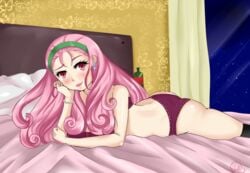 bra female harvest_moon on_bed panties pink_eyes pink_hair popuri_(harvest_moon) purple_panties solo yulvana