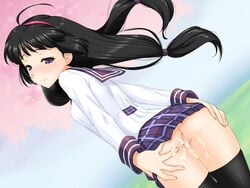 1girls after_sex anus black_hair cum cum_in_pussy cum_inside cum_on_ass cum_on_lower_body female hand_on_ass headband hou_(hachiyou) kohaku_hearts no_panties nopan pussy school_uniform skirt smile solo sweat tales_of_(series) tales_of_hearts thighhighs tied_hair twintails uncensored uniform vagina