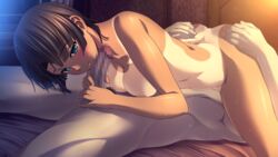 1boy ass bed black_hair breasts censored female game_cg handjob happy_sex kurose_mari lying m&m_(mickey_and_mackey) masturbation night nipples nude penis short_hair smile solo_focus straight sweat tan tanline verethragna_seisen_no_duelist