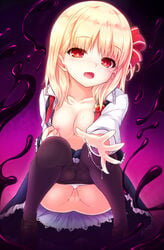 blonde_hair breasts censored darkness female hair_ribbon highres nipples open_clothes open_shirt panties panties_under_pantyhose panty_pull pantyhose pantyhose_pull pussy pussy_juice reaching_out red_eyes ribbon rumia shirt short_hair solo squatting touhou underwear uro_(uroboros)