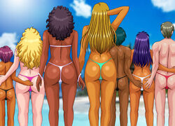 3boys 4girls ass ass_grab bikini black_hair blonde_hair bracelets brown_hair clouds dark_skin hand_behind_head hand_on_another's_back hand_on_ass hand_on_back nail_polish ocean original pixiv purple_hair silegy standing tan_skin teal_hair thong yoshizawa_yuuri