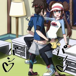 1boy 1girls arm_support black_hair black_legwear blush brown_hair clothed_sex collarbone desk double_bun eye_contact female furanshisu hand_on_shoulder hat heavy_breathing human japanese_text lamp long_hair long_sleeves motion_lines nate_(pokemon) nintendo open_mouth pokemon pokemon_bw pokemon_bw2 rosa_(pokemon) sex shadow shoes short_sleeves shorts skirt smile sneakers standing straight sweat text tied_hair translation_request trembling twintails visor_cap