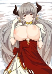 alicia_(granblue_fantasy) ankh areolae bangs blunt_bangs blush breasts breasts_out cross cross_earrings doraf dress earrings elbow_gloves eyebrows eyebrows_visible_through_hair female gloves granblue_fantasy hand_on_breast hands_up highres horns jewelry large_breasts long_hair looking_at_viewer lying nipples on_back on_bed open_clothes pen_(pen3) pointy_ears puffy_short_sleeves puffy_sleeves red_dress red_eyes short_sleeves sidelocks silver_hair smile solo white_gloves