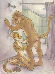 ass brazen canine carbinecat_(character) cheetah clothing cum cum_in_mouth cum_inside cum_on_penis erection feline gay grin gym kneeling locker_room male_only mammal oral penis public shower sicklyhypnos tongue tongue_out underwear underwear_down yaoi