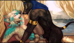 1boy 1futa 2016 animal_genitalia animal_penis anthro anubian_jackal armlet artica_sparkle balls bed black_balls black_fur black_lips black_nose black_penis black_tail blue_fur blue_hair blue_highlights blue_penis blue_pussy blue_tongue bracelet breasts bridge_piercing canine canine_penis closed_eyes collar completely_nude cum cum_inside deity digital_painting_(artwork) duo ear_piercing ears_back erection eyebrows facial_piercing fangs full-package_futanari fur furgonomics furry-specific_piercing futanari gold_(metal) grey_nose hair herm herm/male highlights intersex intersex/male jackal jewelry jibade jogauni knot leg_glider_position lips lying male male_on_futa male_penetrating mammal multicolored_fur multicolored_hair muzzle_piercing nose_piercing nude nude_male on_bed oouna penetration penis piercing pussy raised_leg sex signature tail_ring tongue tongue_out two_tone_fur two_tone_hair vaginal_penetration white_balls white_fur white_hair