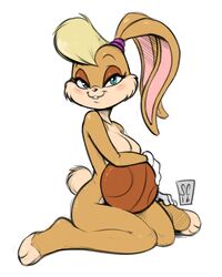 covering_breasts female furry kneeling lola_bunny nude saltcore solo space_jam