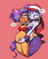 2girls arm_around_waist bandana belly breasts cleavage crap-man dark-skinned_female dark_skin drooling earrings english female female_only hand_on_stomach heart heart-shaped_pupils jewelry mars_symbol milf multiple_girls pregnant purple_hair purple_skin risky_boots saliva shantae shantae_(character) shantae_and_the_pirate's_curse speech_bubble spoken_heart text third-party_edit trembling venus_symbol wide_hips yuri