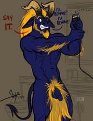 1boy anthro bgn blue_body demon dialogue foreskin hairy holding_object horn invalid_tag male male_only mammal muscular penis pubes solo uncircumcised uncut