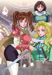 3girls armor belt blonde_hair blue_eyes bracer breastplate brown_eyes brown_hair cape earrings female_only hair_ties holding_object holding_weapon leaning_forward lipstick looking_over_shoulder original pixiv scabbard shirt shorts shoulder_armor silegy smile standing stockings sword swords weapon yoshizawa_yuuri