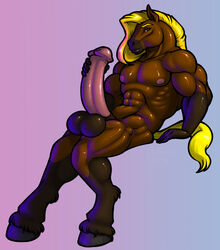 1boy 2016 abs animal_genitalia animal_penis anthro balls biceps blonde_hair brown_fur demien equine equine_penis fur hair hand_on_penis hooves horse horsecock invalid_tag male male_only mammal mane muscular muscular_male nude pecs penis sitting smile solo