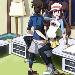 1boy 1girls arm_support black_hair black_legwear blush brown_hair clothed_sex collarbone desk double_bun eye_contact female furanshisu hand_on_shoulder hat heavy_breathing human lamp long_hair long_sleeves motion_lines nate_(pokemon) nintendo open_mouth pokemon pokemon_bw pokemon_bw2 rosa_(pokemon) sex shadow shoes short_sleeves shorts skirt sneakers standing straight sweat text tied_hair trembling twintails visor_cap