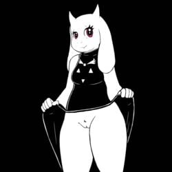 1girls breasts clothing dress female female_only furry knullox larrybay2 looking_at_viewer mammal nude partially_colored pink_eyes presenting pubic_hair pussy simple_background thick_thighs toriel undertale upskirt video_games wide_hips