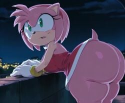 ai_generated amy_rose anthro ass_bigger_than_head ass_focus big_ass breasts curvy_female curvy_figure female female_focus female_only hedgehog huge_ass massive_ass night short_dress shortstack sonic_(series) sonic_x thick_thighs worried worried_expression