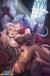 2girls bangs blue_hair blush bondage bound bound_wrists bra breasts cleavage dress femdom flower frills garter_straps lace lace-trimmed_bra lace-trimmed_panties lace-trimmed_thighhighs large_breasts long_hair luna_flina luthica_preventer moon multiple_girls panties panties_under_pantyhose pantyhose parted_bangs rebe11 red_eyes restrained ribbon riding_crop rope silver_hair smile sword_girls thighhighs tied_hair torn_clothes torn_pantyhose twintails underwear whip yuri