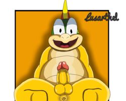 1boy 2016 animal_genitalia anthro anus ass balls erection hair hi_res koopa koopaling lemmy_koopa looking_at_viewer lusarthel male male_only mario_(series) nintendo nude open_mouth penis presenting presenting_anus presenting_hindquarters scalie signature simple_background smile solo spread_legs spreading testicles tongue video_games white_border yellow_background