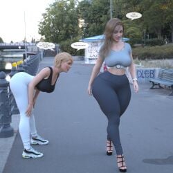 2girls 3d ass ass_awe bent_over big_ass big_thighs blonde_hair bottom_heavy bubble_ass clothing compliment curvy dialogue duo heels huge_ass large_breasts leggings light-skinned_female light_skin looking_at_another looking_at_ass multiple_girls outdoors pawg praise rev2019 sneakers sports_bra staring staring_at_ass text thick_thighs tight_pants walking wide_hips yuri