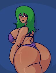 big_ass big_breasts bikini bikini_bottom bikini_top blush blush_lines cave_story dark-skinned_female dark_skin green_hair looking_at_viewer looking_back milf momorin_sakamoto older_female posing underwear wide_hips