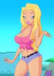 1girls alfea_fairy belly belt big_breasts big_lips bimbo blonde_hair blue_eyes breasts busty cleavage covered_breasts covered_nipples erect_nipples eyeshadow female female_only hips hotpants hourglass_figure kelli_(winx_club) large_breasts legs lips lipstick long_hair makeup mascara midriff navel nipple_bulge nipples rainbow_(animation_studio) solo thighs voluptuous winx_club zfive