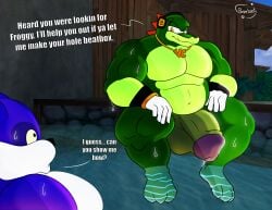 absurd_res anthro balls belly big_balls big_penis big_the_cat duo feet foot_in_water genitals hi_res huge_cock humanoid jewelry male male/male muscular offering_sex penis possbooty sega sitting slightly_chubby slightly_chubby_male sonic_(series) sonic_the_hedgehog_(series) toes vector_the_crocodile water wet wet_body