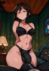 1futa 1futanari ai_generated blue_eyes bra breasts brown_hair bulge bulge_through_clothing dickgirl futanari ilfb medium_hair more_at_source panties precum smile smiling smiling_at_partner standing