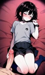 ai_generated black_hair black_skirt blush brown_eyes choker closed_eyes dick femboy medium_penis penis shoes skirt sleeping staspivo