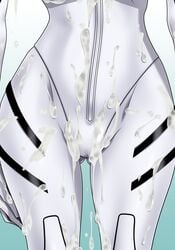 cameltoe close-up clothing cum cum_on_clothes cum_on_lower_body cum_on_upper_body female head_out_of_frame highres hikawadou hips legs lower_body neon_genesis_evangelion plugsuit rei_ayanami shiny shiny_clothes simple_background solo standing thigh_gap thighs