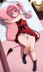 ai_generated demon_girl female hugging_pillow lay-oreo laying_on_bed nana_asta_deviluke nightgown panties pink_hair shy small_breasts small_female solo solo_female succubus succubus_tail tagme thick_thighs to_love-ru twintails