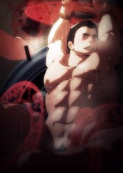 2boys abs bara male_only multiple_boys muscle pecs penis restrained scar sweat x6aqyht5n_(artist) yaoi