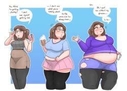 bbw blush comic_strip delusional denial dialogue fit_to_fat huge_belly in_denial overweight overweight_female shredded_clothes tight_clothing wardrobe_malfunction weight_denial weight_gain zekareichk