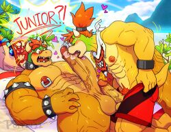 2boys anthro anthro_on_anthro armlet armpits artist_name bara beach beard biceps blue_sky blush bowser bowser_jr. bracelet bulge claws closed_eyes clothes_pull cloud cloudy_sky commentary dated english_commentary english_test erection erection_under_clothes facial_hair fangs father_and_son fellatio furry furry_male furry_only gay gay_male heart highres horns incest jewelry koopa looking_at_penis looking_down male_focus male_nipples male_swimwear mario_(series) multiple_boys muscular muscular_male navel nintendo nipple_piercing nipples ocean open_mouth oral pants pants_pull pectorals penis piercing poppin poppin_zan red_hair red_shorts reptile scalie sex shorts sky speech_bubble spiked_armlet spiked_bracelet spiked_tail spikes swim_trunks tail testicles topless_male yaoi yellow_skin