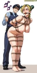 1boy 1boy1girl 1girl1boy 1girls abuse_of_power arms_behind_back ball_gag blush bondage collar commentary_request completely_naked completely_naked_female completely_nude completely_nude_female faceless_male female femsub imminent_rape imminent_sex joestar jojo's_bizarre_adventure jolyne_cujoh jolyne_kujo large_breasts leash leash_and_collar looking_back maledom menacing_(jojo) menacing_(meme) naked naked_female nude nude_female police police_uniform ponytail powerbigbutt prisoner rope_bondage sex_slave shonen_jump shueisha slave smile smiling smirk smirking stone_ocean white_background