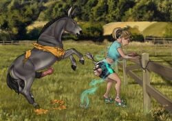 2024 asinus balls black_balls black_mane black_penis blonde_hair blue_eyes brown_eyes clothing dated detailed_background donkey duo equid equine erection female fence feral flared_penis genitals grass grey_body hair hi_res human imminent_sex male male_feral mammal mane mid_transformation mouth_closed narrowed_eyes open_mouth outside penis pink_penis plant rufciu signature tail tail_tuft tan_body tan_skin torn_clothing transformation tuft vein veiny_penis white_hair zebra