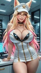 ahri ai_generated big_breasts breasts choker detailed_background glasses happy hat huge_breasts k/da_ahri k/da_all_out_series k/da_series large_breasts league_of_legends leotard portrait riot_games seductive seductive_eyes seductive_gaze seductive_look seductive_pose seductive_smile sexually_suggestive skindentation sky4maleja smile vastaya