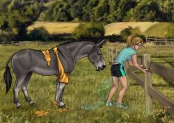 2024 animal_genitalia asinus black_mane blonde_hair blue_eyes brown_eyes clothing dated detailed_background donkey duo equid equine female female_human fence feral fully_sheathed genitals grass grey_body hair hi_res human male male_feral mammal mane mid_transformation mouth_closed narrowed_eyes open_mouth outside plant rufciu sheath signature tail tail_tuft tan_body tan_skin torn_clothing transformation tuft