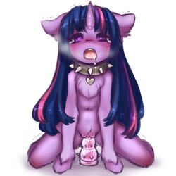 <3_eyes 2016 anthro blush dildo dildo_sitting drooling equine female flat_chest flat_chested friendship_is_magic fur hair heart horn long_hair looking_at_viewer mammal my_little_pony open_mouth penetration purple_fur pussy saliva sex_toy simple_background solo spike_collar tolsticot twilight_sparkle_(mlp) unicorn white_background