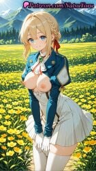 1girls 2025 ai ai_assisted ai_generated anime anime_style areolae artist_name ascot bangs blonde_hair blue_eyes blue_jacket blue_sky blush bolo_tie braid braided_bun breasts breasts_out brooch bust busty cowboy_shot cropped_jacket day dress female female_focus female_only female_solo field flower flower_field flowers forest french_braid gem gloves green_gemstone grin hair_between_eyes hair_bun hair_intakes hair_ribbon hentai hi_res high-waist_skirt high_quality high_resolution highres jacket jewelry juliet_sleeves long_hair long_sleeves looking_at_viewer medium_breasts mountain natsuyoru nature nipples nipples_outside no_bra outdoors patreon pleated_dress pleated_skirt puffy_sleeves red_ribbon ribbon short_hair shrug_(clothing) sidelocks single_hair_bun skirt sky smile solo solo_female stable_diffusion standing sunlight teeth thighhighs thighs tree uncensored_nipples v_arms violet_evergarden violet_evergarden_(character) voluptuous voluptuous_female white_ascot white_dress white_gloves white_skirt white_thighhighs yellow_flower zettai_ryouiki