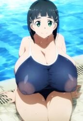 ai_generated artist_request black_hair blush cleavage erect_nipples erect_nipples_under_clothes green_eyes huge_breasts kirigaya_suguha light-skinned_female light_skin looking_at_viewer maid_uniform massive_breasts mt_onizu nipples_visible_through_clothing one-piece_swimsuit see-through see-through_clothing short_hair smiling solo_female squatting sweat sweatdrop sword_art_online thick_body thick_female voluptuous voluptuous_female wet