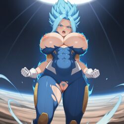 ai_generated blonde_hair blue_tights, buff c.c.leah enigma_of_sepia female genderbent huge_breasts huge_thighs mobile_game muscular_female super_saiyan super_saiyan_blue vespera vespera_(enigma_of_sepia)