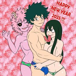 1boy 2girls izuku_midoriya mina_ashido my_hero_academia new_year nude soulyagami64 tsuyu_asui