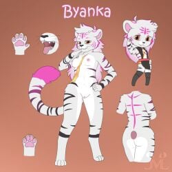 1:1 anthro byanka_(jmluxro) clothing felid feline female fur genitals hi_res humanoid_genitalia humanoid_pussy jm-luxro legwear mammal model_sheet mouth_shot nipples open_mouth orange_eyes pantherine pawpads pussy rear_view scar solo thigh_highs tiger white_body white_fur