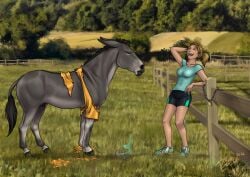 2024 animal_genitalia asinus black_mane blonde_hair brown_eyes closed_eyes clothing dated detailed_background donkey duo equid equine female female_human fence feral fully_sheathed genitals grass grey_body hair hi_res human laugh male male_feral mammal mane mouth_closed narrowed_eyes open_mouth outside plant rufciu sheath signature tan_body tan_skin torn_clothing
